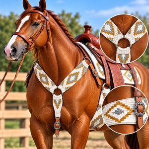 Ensemble de sangle de poitrine et de ceinture de cheval en laine, blanc, gris, beige, motif diamant avec boucles Concho - Product Image 3