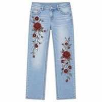 Jean droit taille haute ample en denim foncé respirant, écologique et à séchage rapide, brodé de fleurs vintage, pour femme