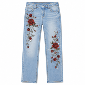 Women's Cute Dark High Waist Floral <b>Embroidered</b> Straight Leg <b>Jeans</b> Full Length Denim Pants Casual Autumn Streetwear OEM ODM - Product Image 1