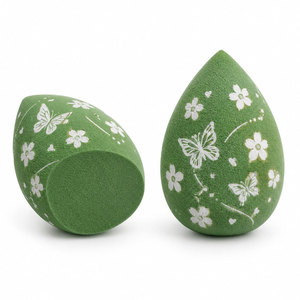 Éponge de maquillage verte avec motif floral blanc, éponge de beauté sans latex, applicateur de fond de teint cosmétique - Product Image 6