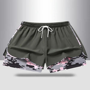 Shorts de sport pour femmes, rose et gris, imprimé motif, coupe classique, en tricot polyester/nylon, anti-plis, respirant, écologique, élastique - Product Image 3