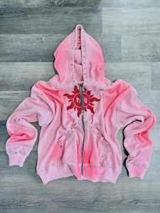 Conjunto Deportivo Unisex Premium Ecológico con Lavado Ácido Sólido 2026, Sudadera con Capucha y Cremallera Completa con Gráfico de Sol Rosa Lavado y Detalles Tachonados, y Joggers de Forro Polar Grueso - Product Image 3