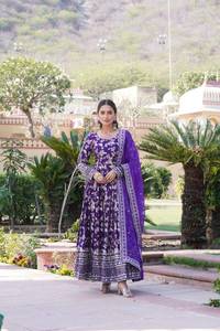 Foil Print Flared Kurta Set For Women Ethnic Gown Style Dress With Dupatta Festive Wear Collection - Product Image 3