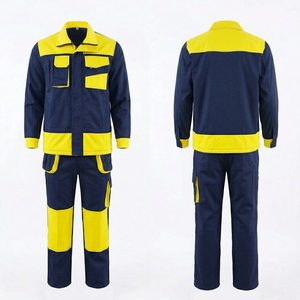 Mens Work Uniform 280 GSM Poly Cotton Twill Navy Yellow Contrast Panel Safety Suit Embroidery Print Custom Logo Workwear <b>Overall</b> - Product Image 1