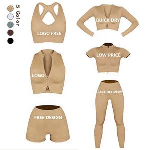 Custom Seamless Ribbed 100% Polyester Yoga Set-High Waist Gym Shorts Leggings 5-Piece Workout Outfit <b>Zip</b>-Up Crop Top Sports Bra - Product Image 4