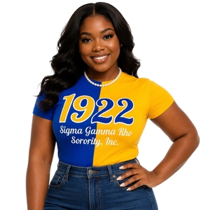 T-shirt personnalisé Sigma Gamma Rho 1922 en chenille pour femme, bleu et or, manches courtes, style décontracté streetwear - Product Image 1