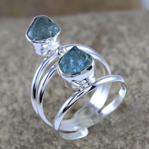 Natural Raw Aquamarine Birthstone <b>Ring</b> 925 Sterling Silver Handmade Open Bypass Gemstone <b>Ring</b> for Women - Product Image 1