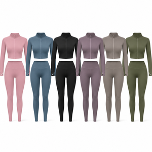 <b>Women</b> Eco-Friendly Solid Two Piece Workout Set Full Zipper Front Seamless Breathable Sports <b>Jacket</b> High Waisted Leggings Gym - Product Image 6