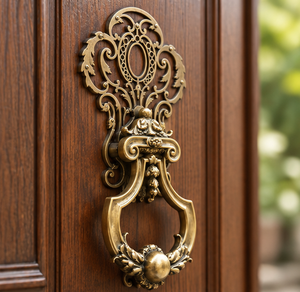 Battant de porte rococo en filigrane, ton bronze doré, avec motifs festonnés ornés, accents floraux et plaque décorative pour entrée majestueuse - Product Image 2