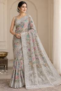 Sari en soie Tussar pure Jangla avec motifs animaux multicolores et pallu forestier en Zari argenté - Product Image 2