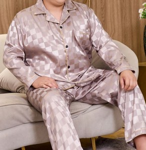 Nightwear Knitted Soft Summer Lapel Collar Long Sleeve Pants <b>Cardigan</b> Pajamas Room Lounge Wear for Fat Men - Product Image 2