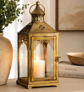 <b>Gold</b> Metal <b>Candle</b> Lantern Glass Pane Handmade Lantern Portable Decorative Light <b>Holder</b> for Home Wedding Decor - Product Image 1