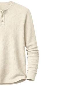 เสื้อยืดแขนยาวทรงเฮนลีย์ผ้าวาฟเฟิลสำหรับผู้ชาย สีงาช้าง สวมใส่สบาย คอติดกระดุม เหมาะสำหรับฤดูหนาว ผ้าฝ้ายทรงเข้ารูป ระบายอากาศได้ดี - Product Image 4