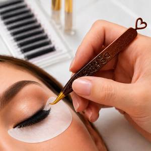 Gold Plated Eyelash Tweezers With Heart Design <b>Brown</b> Handle Precision Tip For <b>Lash</b> Application - Product Image 5