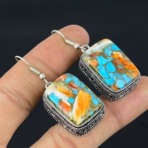 Turquoise Spiny Oyster Dangle Drop <b>Earrings</b> Vintage Bohemian Alloy Overlay <b>Hook</b> <b>Earrings</b> Beautiful Party Wear End Gifted Pair - Product Image 1