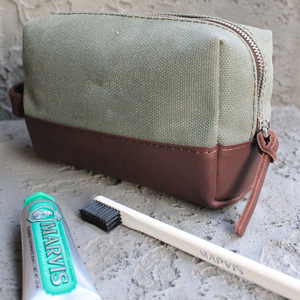 Large Canvas Leather Toiletry Bag Double Zipper Custom Logo Travel Shaving Dopp Kit Cosmetic Wash Organizer <b>Case</b> LCTB-0056C - Product Image 1