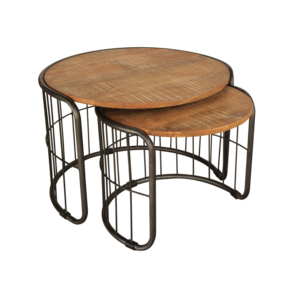Circular Timber Nest <b>Tables</b> Pair with Iron Frame Wire Base Compact Layered Coffee <b>Tables</b> <b>Space</b> <b>Saving</b> Accent Furniture Set - Product Image 2