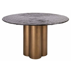 Table à manger ronde en bois massif avec plateau en marbre irrégulier moderne, base en bois nervuré, 4 places, design contemporain, meubles pour la maison - Product Image 2