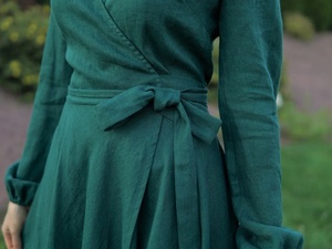 Robe de soirée vintage écologique en coton vert, longueur genou, coupe trapèze, à manches longues, pour femme, idéale pour une invitée de mariage - Product Image 6