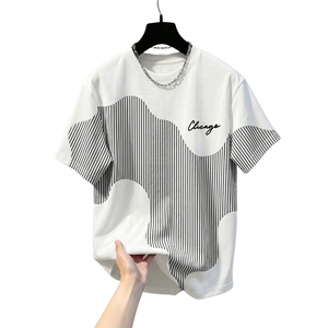 Casual Color Block <b>T</b> <b>Shirt</b> Short Sleeve Crew Neck Black White Vertical <b>Stripe</b> Print Streetwear Fashion Top Wholesale - Product Image 1