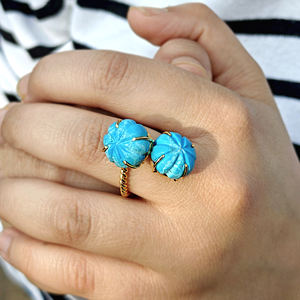Anillo ajustable hecho a mano con tallado de melón y piedra preciosa de howlita azul turquesa, chapado en oro de 18k, con doble piedra y banda retorcida, anillos abiertos. - Product Image 4