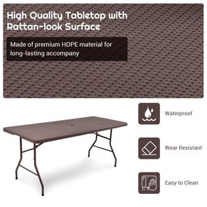 <b>Portable</b> 6 Feet Folding Rattan <b>Table</b> with Carrying Handle for Outdoor Use - Product Image 2