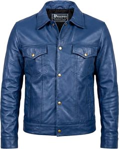 เสื้อแจ็คเก็ตหนัง PU สีน้ำเงินสำหรับผู้ชาย แบรนด์ Desire ปกคอพับ ติดกระดุม สวมใส่สบายๆ ในฤดูใบไม้ร่วง ความยาวปกติ สีพื้น - Product Image 3