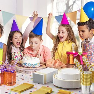 50 Sets of <b>Disposable</b> <b>Tableware</b> Gold Plastic Circular Plates Cups Knives Forks Tissues & Straws-Party Supplies Kit - Product Image 5