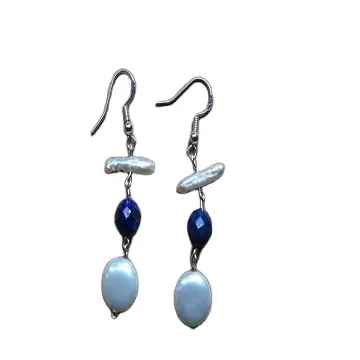 92.5 Sterling Silver Natural Pearl and Lapis Lazuli Earrings Gemstone Jewelry Women Cute Gift Top Quality Wholesale