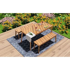 Acacia Wood Dining Set 3-Piece Indoor & <b>Outdoor</b> Furniture Includes 2 <b>Benches</b> & Beer <b>Table</b> for Porch Patio or Picnic - Product Image 2
