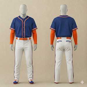 Ensemble d'uniformes de baseball personnalisés pour hommes, maillot bleu orange, pantalon blanc, fermeture à boutons, vêtements de sport respirants en polyester - Product Image 1