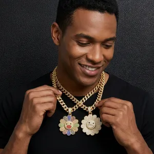 Collier Hip Hop de Luxe Tendance Personnalisé en Argent Sterling Plaqué Or avec Pendentif Fleur Diamant Brillant et Breloque Givrée - Product Image 2