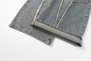 Jean ample streetwear en denim avec patchs, bords effilochés, délavage vintage, coupe large, patchwork, style Harajuku - Product Image 3