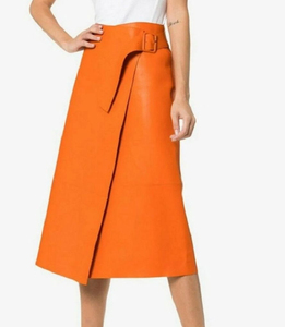 Women <b>High</b> Waist Orange PU Leather Wrap Skirt <b>Knee</b>-Length Solid Color Belted Design All Seasons Style - Product Image 4