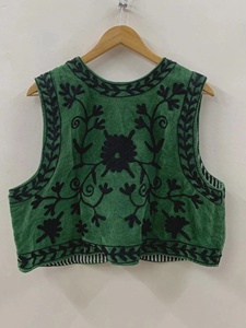 Nitin Exports <b>Green</b> <b>Velvet</b> Suzani Vest Hand Embroidered Floral Boho Sleeveless Breathable Cotton Shell V-neck Vintage Festival - Product Image 1