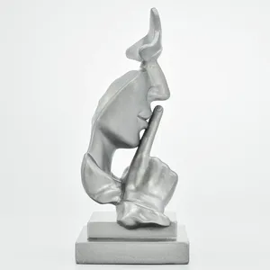 Sculpture en résine abstraite, figurine artistique, décoration de table, design contemporain, 6 pouces, visage argenté avec doigt sur les lèvres - Product Image 2