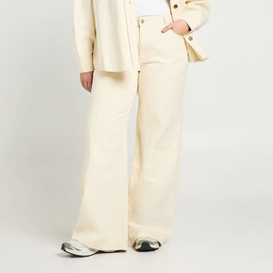 Pantalon large taille haute crème pour femme grande taille, couleur unie, en coton, décontracté, longueur complète, coupe ample avec poches - Product Image 3