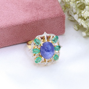 Anillo de Plata de Ley 925 de Dos Tonos con Cabujón Natural de Cianita, Esmeralda y Diamantes, Joyas Memoria, Venta al Por Mayor - Product Image 1