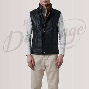 Chaleco de Cuero Genuino Negro Personalizado para Hombre, Cuello Alto, Cierre Frontal con Cremallera, Corte Ajustado, Sin Mangas, Chaqueta Casual de Moda - Product Image 4
