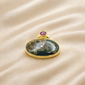 Pendentif en pierres précieuses naturelles Héliolite et Grenat, en Argent sterling 925 plaqué Or rose et Or jaune, ovale, bijou de guérison - Product Image 4