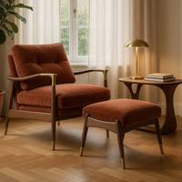 Fauteuil en velours éco-responsable de style mid-century modern avec repose-pieds, structure en bois, meubles rembourrés pour salon