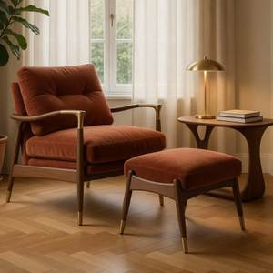Fauteuil en velours éco-responsable de style mid-century modern avec repose-pieds, structure en bois, meubles rembourrés pour salon - Product Image 5