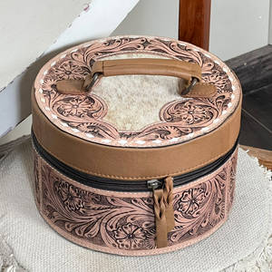 Vintage Floral Cowhide Full Hand Tooled <b>Leather</b> Round <b>Jewelry</b> <b>Box</b> Floral Embossing Vintage Style Durable <b>Jewelry</b> Storage Case - Product Image 3