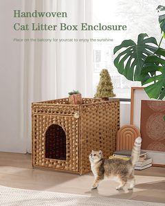 Luxury Modern Hidden Litter <b>Box</b> Mat Fence Handwoven Striped Rattan Square <b>Cat</b> <b>Bed</b> Two S-Shaped Hooks Living Room 18.5x20.5x19.1 - Product Image 6