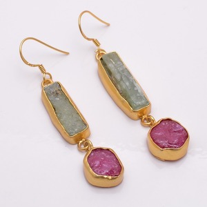 <b>Gold</b> Plated Brass Drop <b>Earrings</b> With Raw Green Kyanite And Pink Natural Stone Bohemia Style Women's Jewelry USA wholesaler - Product Image 1