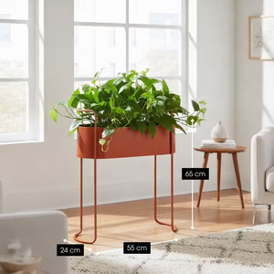 Jardinière moderne en terre cuite orange avec support en fer haut, pot de fleurs rectangulaire pour maison, jardin, balcon, terrasse contemporains - Product Image 5