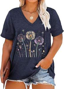 เสื้อยืดผู้หญิงคอวี พิมพ์ลายดอกไม้ ผ้าฝ้าย 100% คุณภาพสูง สำหรับฤดูร้อนปี 2026 รับผลิตตามแบบ (OEM)  พร้อมสกรีนโลโก้  ไซส์ใหญ่ - Product Image 6