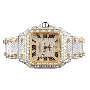 Montre mécanique de luxe pour homme avec boîtier carré en acier inoxydable VVS Bling entièrement glacé et bracelet en or jaune-Cadeau d'anniversaire professionnel - Product Image 1