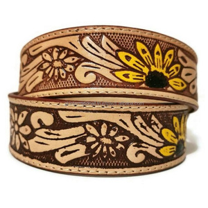 Customized Full Stitched Western Floral Hand <b>Tooled</b> Engraved Genuine <b>Leather</b> Hand <b>Tooling</b> <b>Belt</b> With Stylish Floral Buckle - Product Image 5