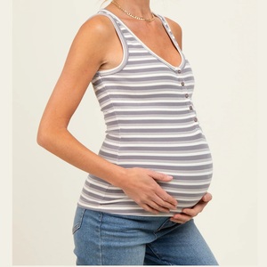 Latest Design Good Quality Striped Print Fashionable Short Sleeve Maternity T-Shirt Buttons Pregnancy Wear Summer 100% Cotton - Product Image 3